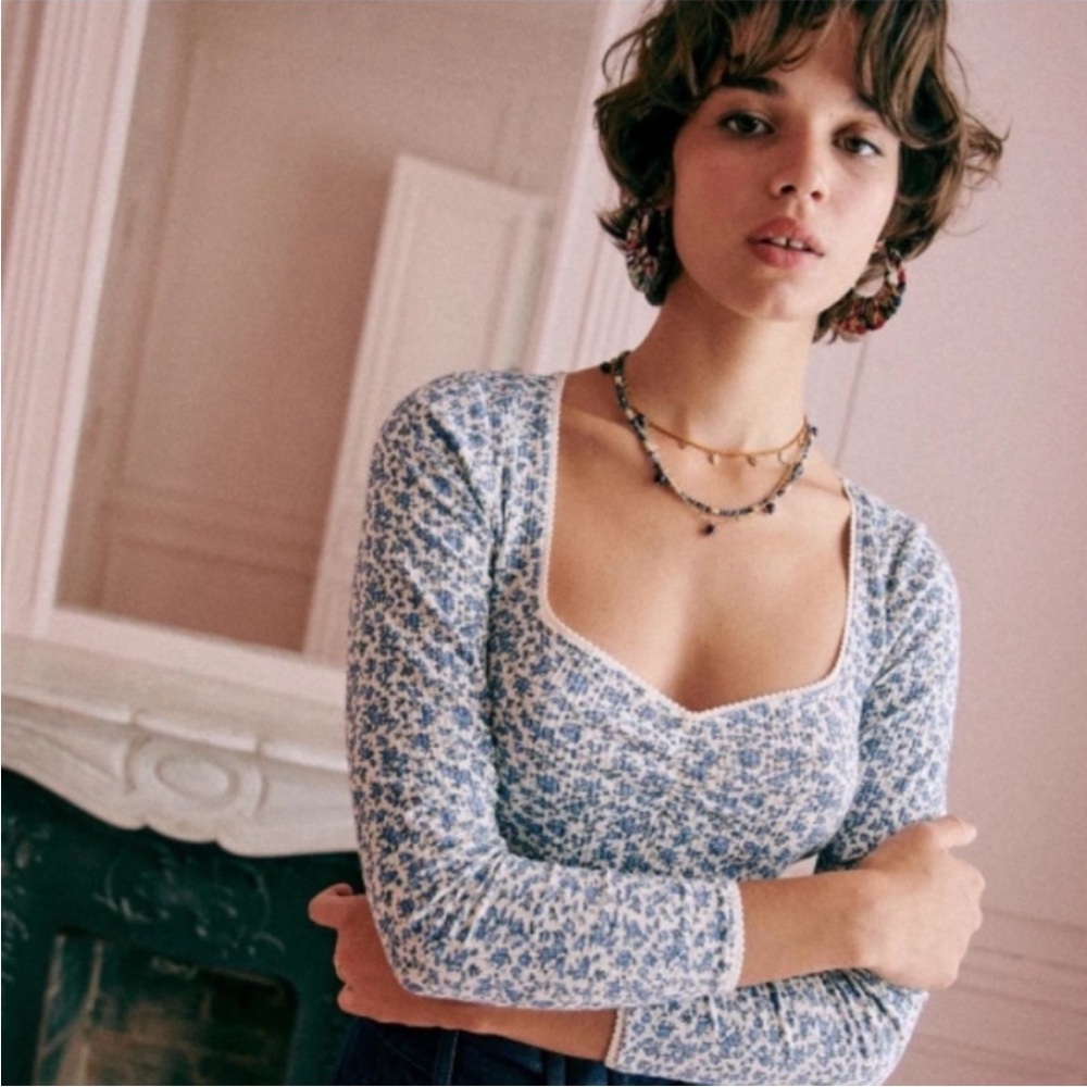 Sezane Blue and White Floral Long Sleeve Tee